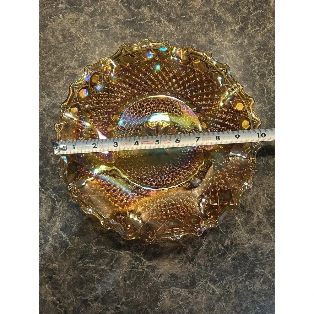Vintage Indiana Carnival Glass Bowl Amber Marigold Scalloped Dish Iridescent 10